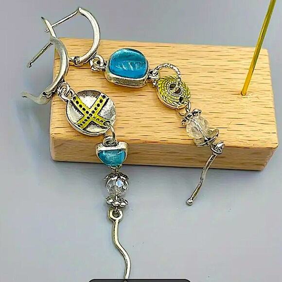 Antique Silver Flower Star Zircon Geometric Dangle Handmade Unique Earri… - Picture 3 of 4